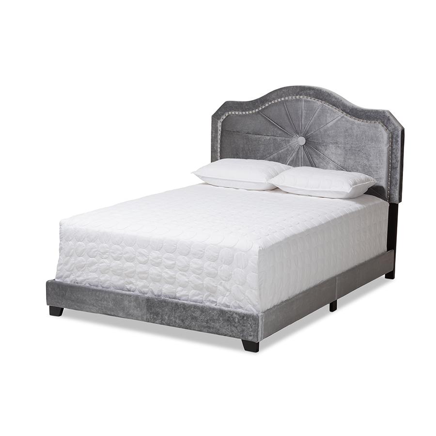 Embla Modern and Contemporary Grey Velvet Fabric Upholstered Queen Size Bed. Picture 1