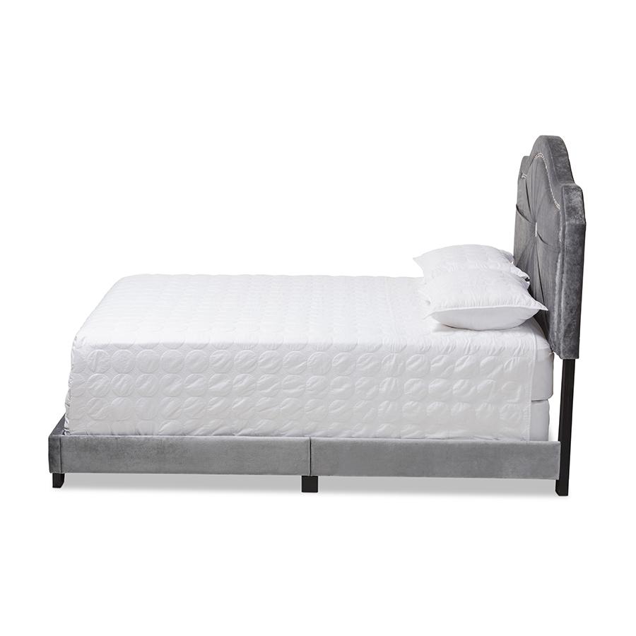 Embla Modern and Contemporary Grey Velvet Fabric Upholstered Queen Size Bed. Picture 2