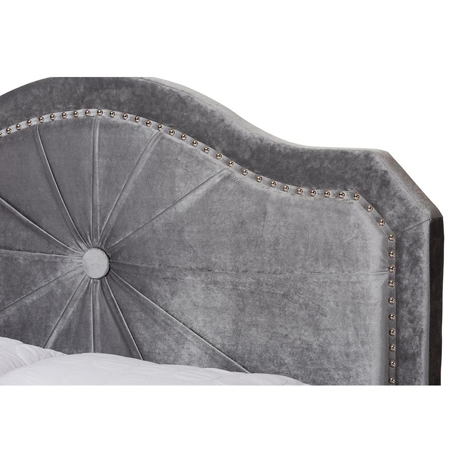 Embla Modern and Contemporary Grey Velvet Fabric Upholstered Queen Size Bed. Picture 4