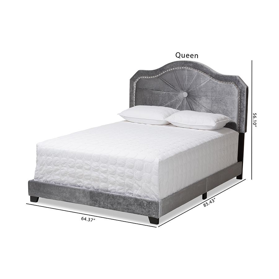 Embla Modern and Contemporary Grey Velvet Fabric Upholstered Queen Size Bed. Picture 8