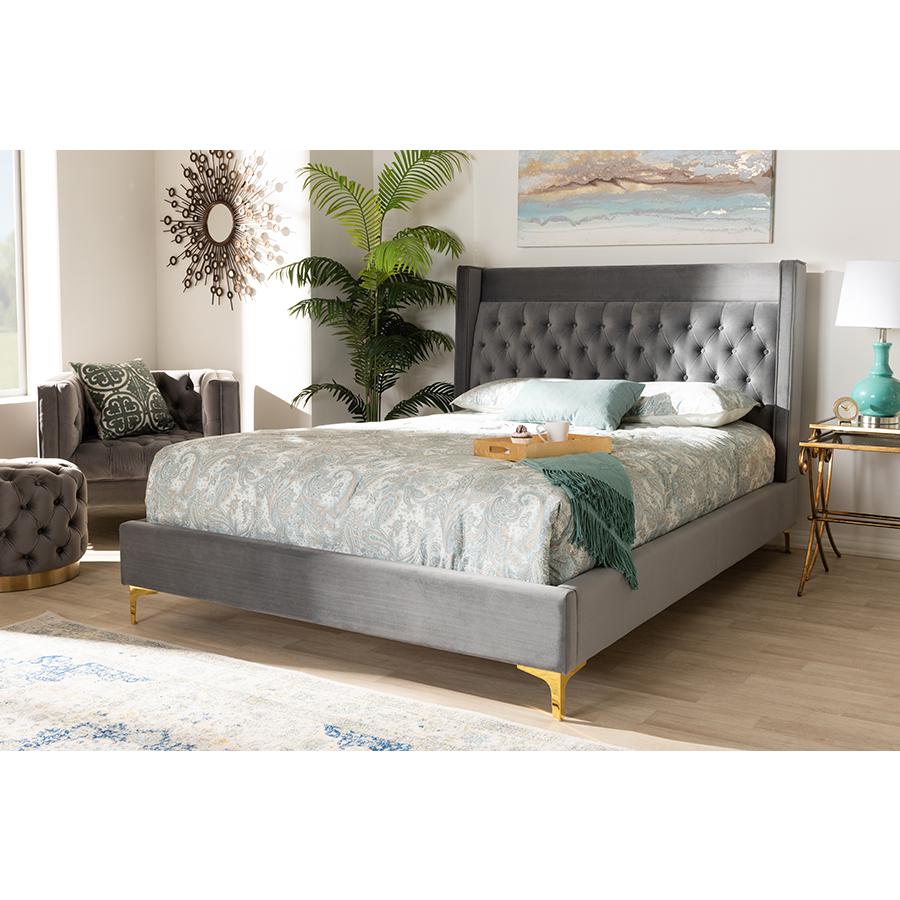 Baxton Studio Valery Modern and Contemporary Dark Gray Velvet Fabric Upholstered King Size Platform Bed with Gold-Finished Legs. Picture 1