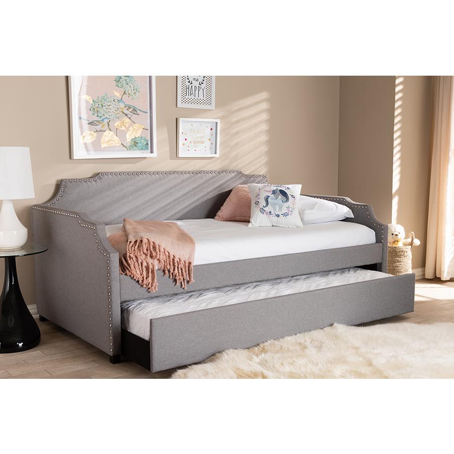 Grey Fabric Upholstered Twin Size Sofa Daybed with Roll Out Trundle Guest Bed. Picture 20