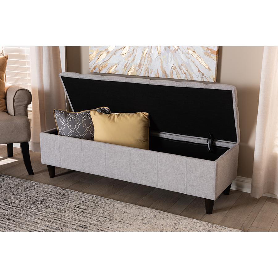 Grayish Beige Fabric Upholstered Dark Brown Finished Wood Storage Bench Ottoman. Picture 23