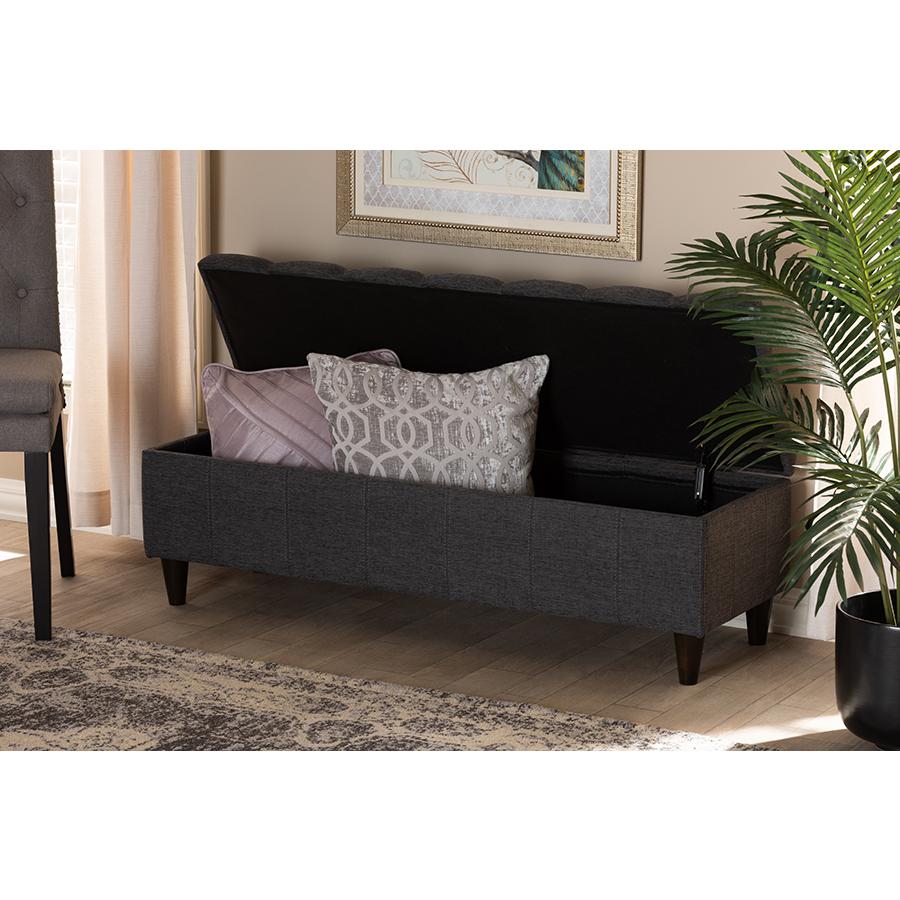 Charcoal Fabric Upholstered Dark Brown Finished Wood Storage Bench Ottoman. Picture 23