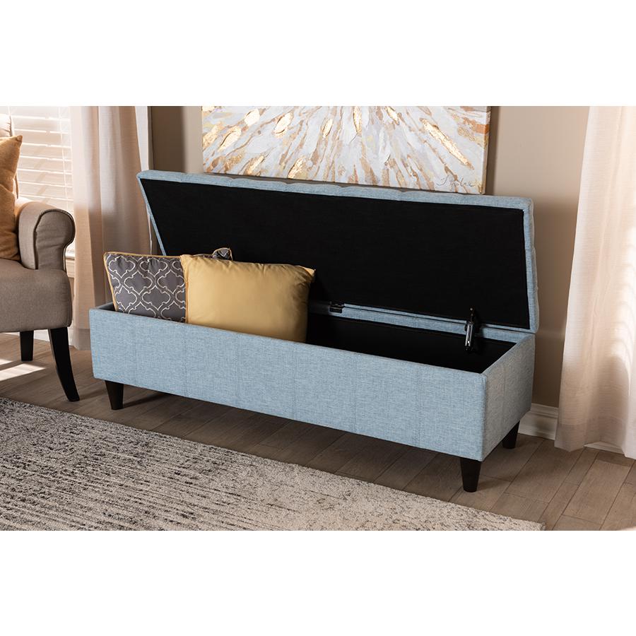 Light Blue Fabric Upholstered Dark Brown Finished Wood Storage Bench Ottoman. Picture 23