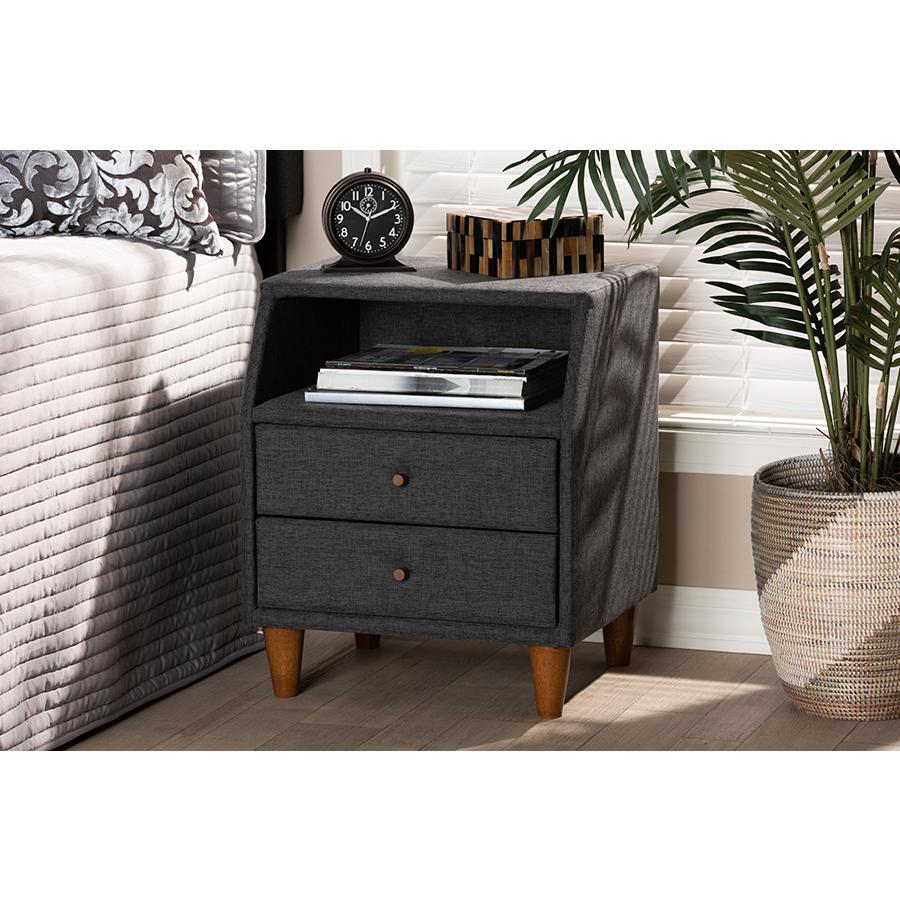 Claverie Mid-Century Modern Charcoal Fabric Upholstered 2-Drawer Wood Nightstand. Picture 19