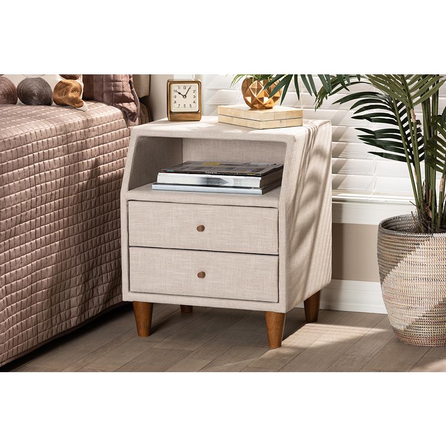 Claverie Mid-Century Modern Beige Fabric Upholstered 2-Drawer Wood Nightstand. Picture 19