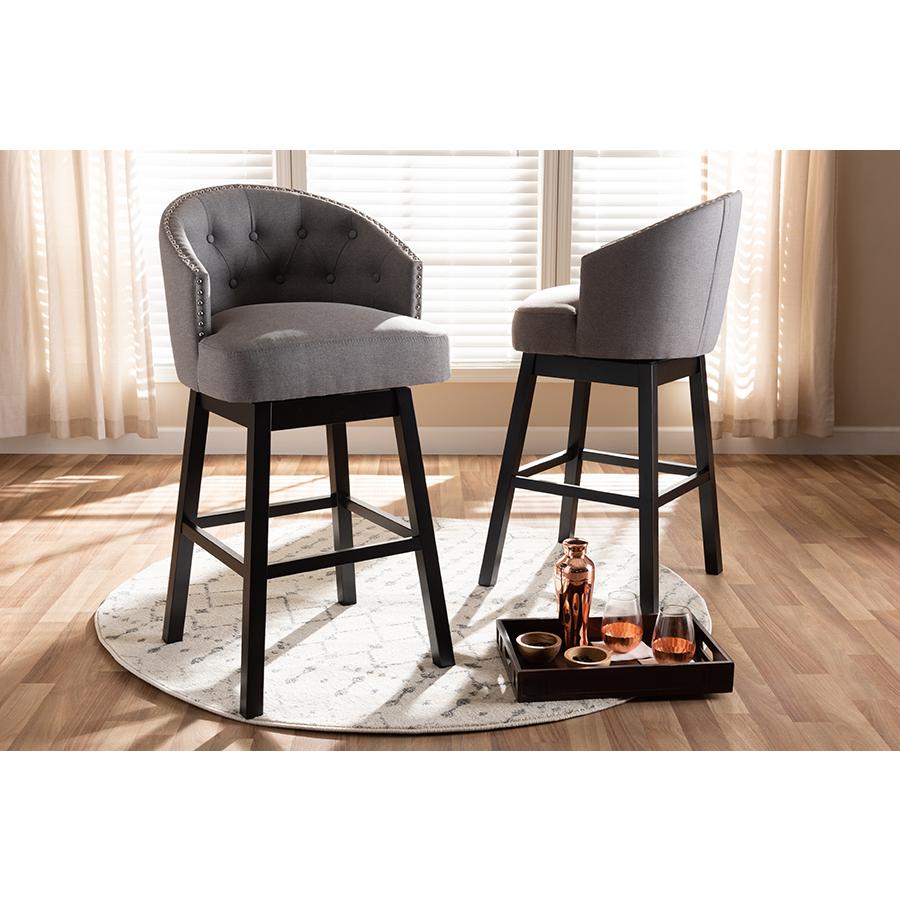 Theron Transitional Gray Fabric Upholstered Wood Swivel Bar Stool Set of 2. Picture 15