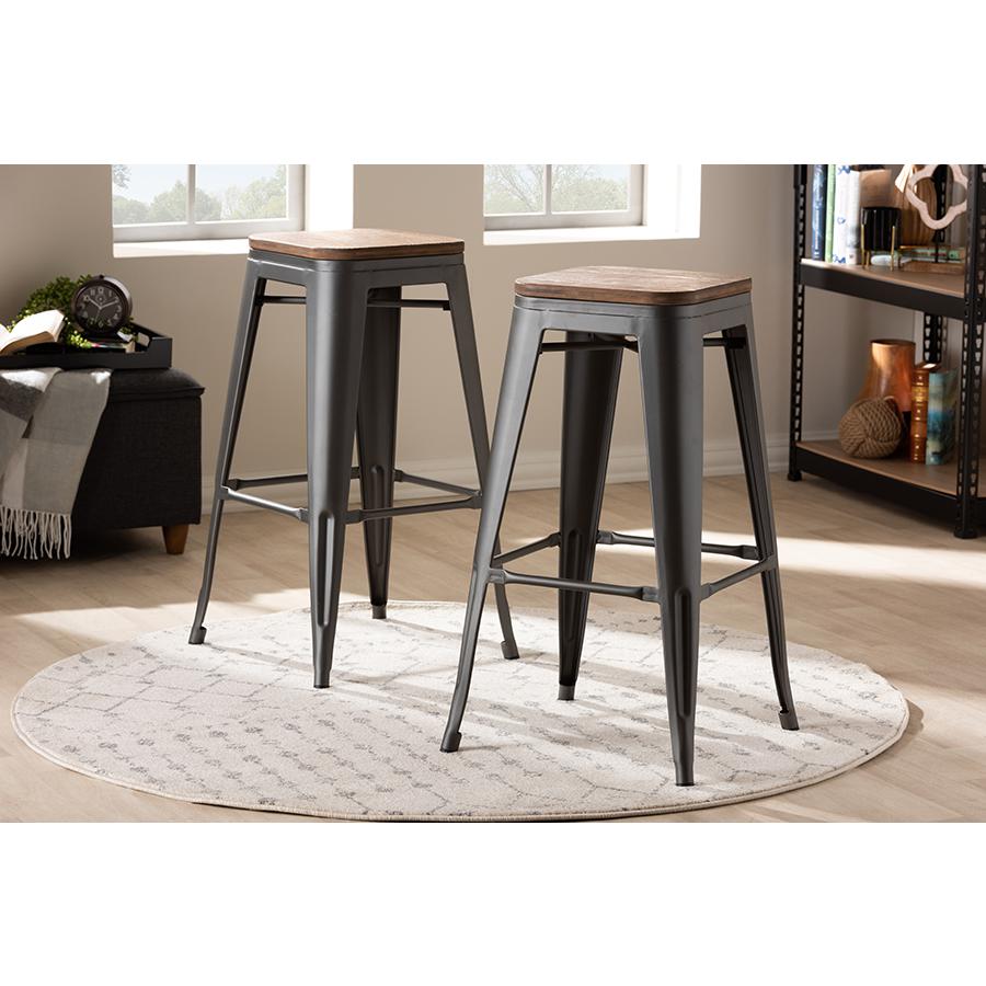 Tolix-Inspired Bamboo and Gun Metal-Finished Steel Stackable Bar Stool  Set. Picture 11