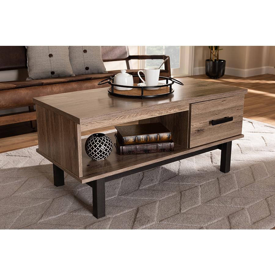 Two-Tone Oak Brown and Black Wood 1-Drawer Coffee Table. Picture 21