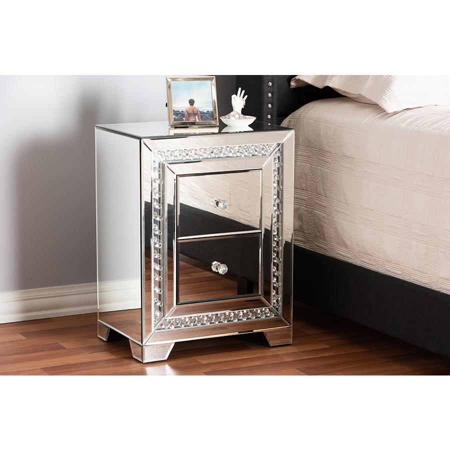 Hollywood Regency Glamour Style Mirrored 2-Drawer End Table. Picture 13