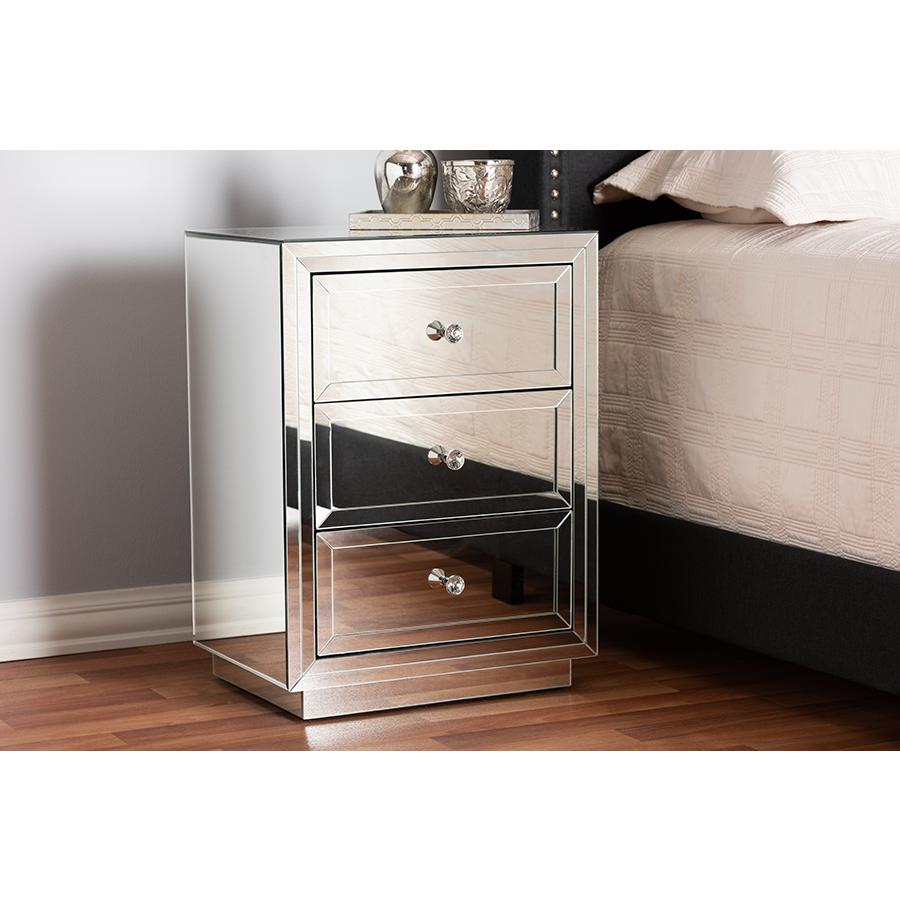 Hollywood Regency Glamour Style Mirrored 3-Drawer End Table. Picture 13