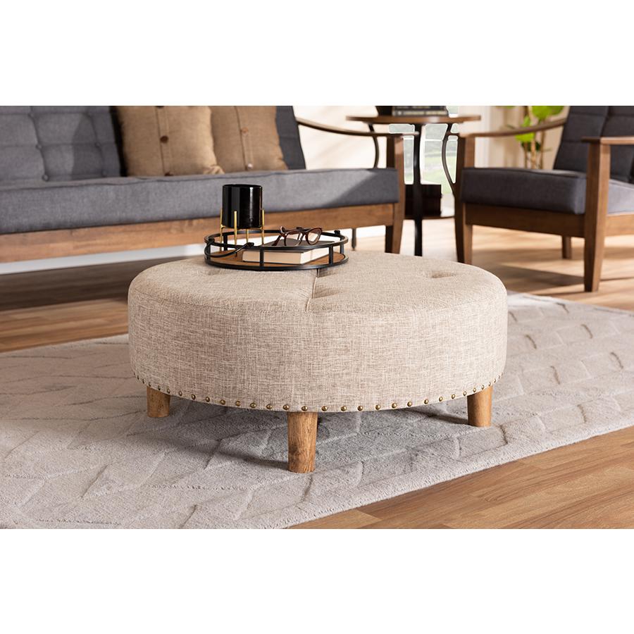 Beige Fabric Upholstered Natural Wood Cocktail Ottoman. Picture 15