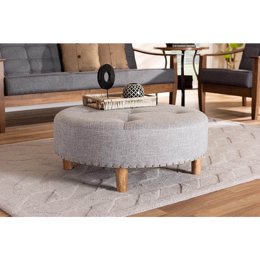 Light Gray Fabric Upholstered Natural Wood Cocktail Ottoman. Picture 15