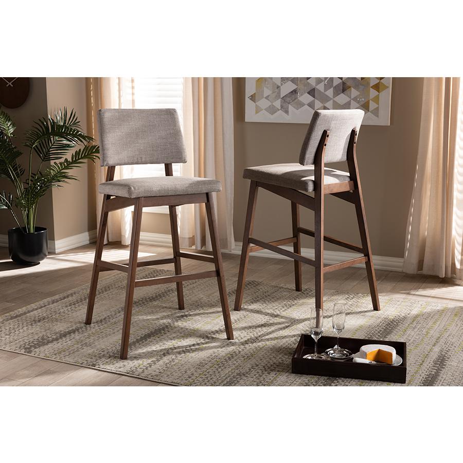 Light Gray Fabric Upholstered and Walnut-Finished Wood Bar Stool Set of 2. Picture 15