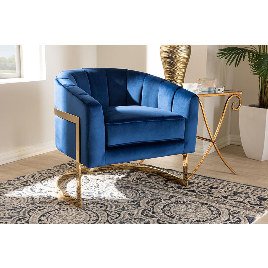 Tomasso Glam Royal Blue Velvet Fabric Upholstered Gold-Finished Lounge Chair. Picture 19