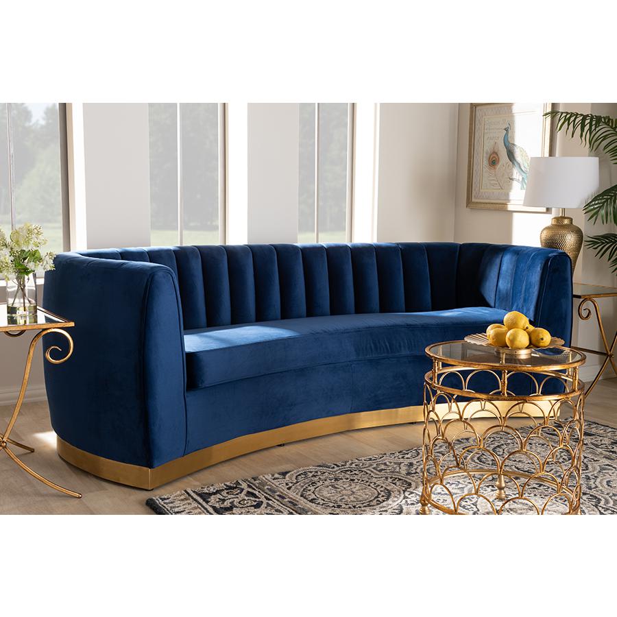 Milena Glam Royal Blue Velvet Fabric Upholstered Gold-Finished Sofa. Picture 19