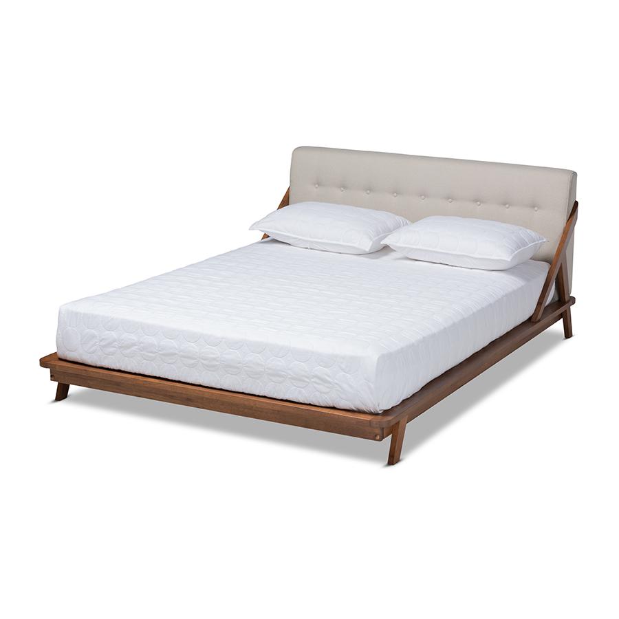 Light Beige Fabric Upholstered Wood King Size Platform Bed. Picture 1
