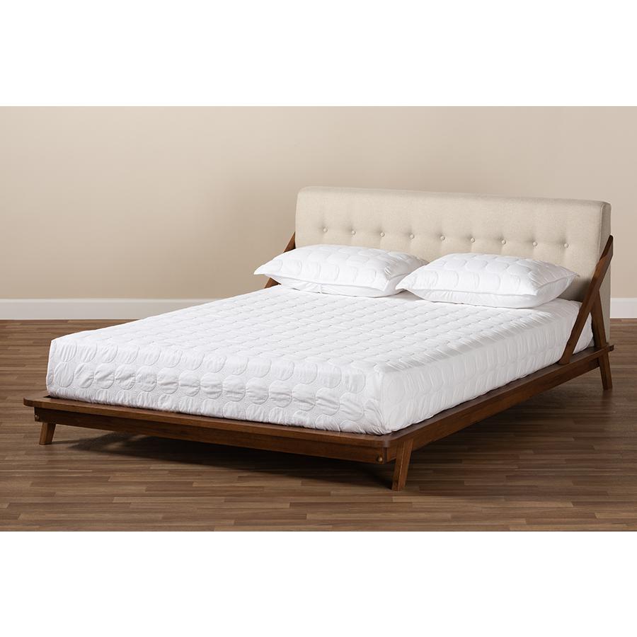 Light Beige Fabric Upholstered Wood Queen Size Platform Bed. Picture 8