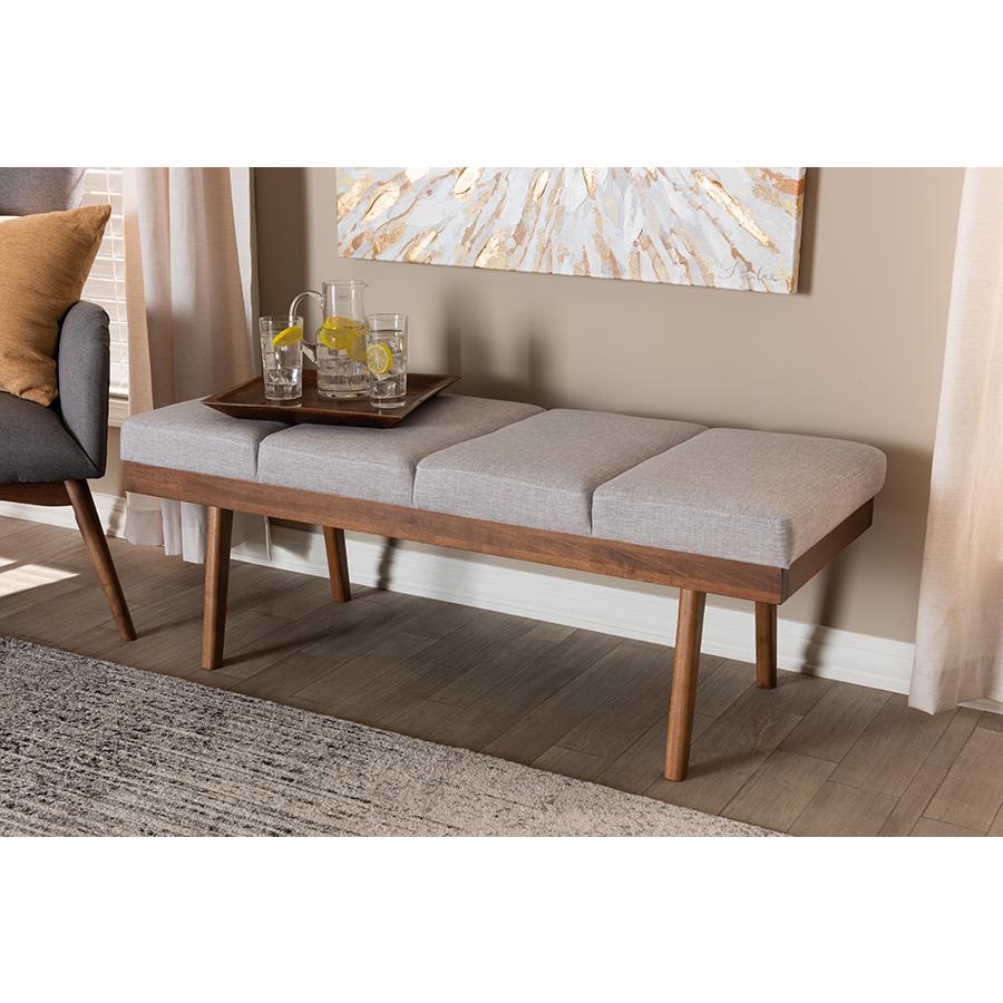 Larisa Mid-Century Modern Grayish Beige Fabric Upholstered Wood Bench. Picture 17