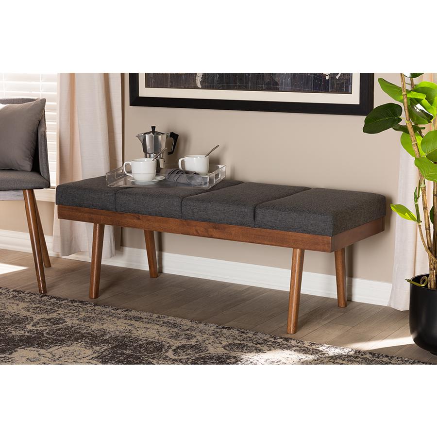 Baxton Studio Larisa Mid-Century Modern Charcoal Fabric Upholstered Wood Bench. Picture 17