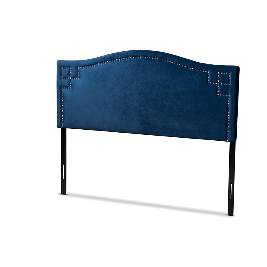 Royal Blue Velvet Fabric Upholstered King Size Headboard. Picture 1