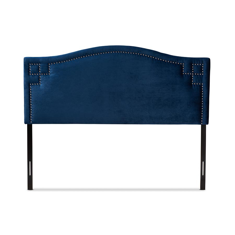 Royal Blue Velvet Fabric Upholstered King Size Headboard. Picture 2