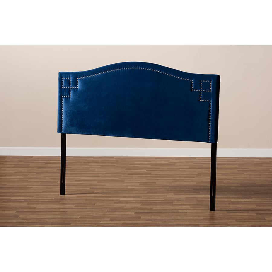 Royal Blue Velvet Fabric Upholstered King Size Headboard. Picture 5