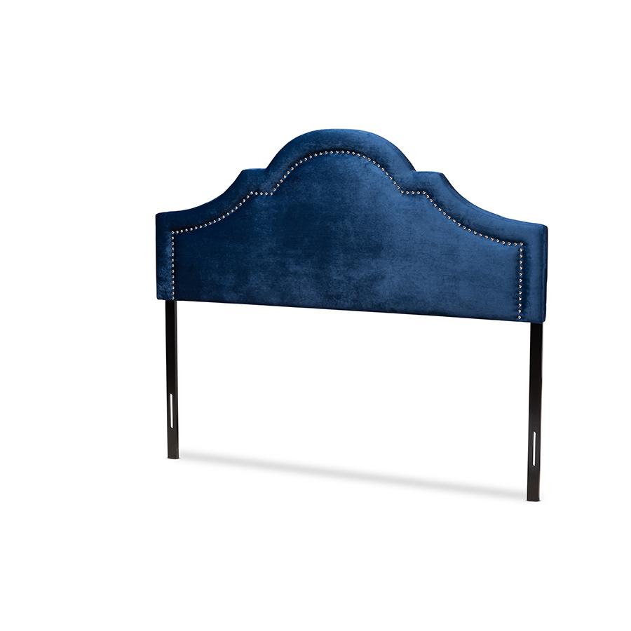 Navy Blue Velvet Fabric Upholstered Queen Size Headboard. Picture 1