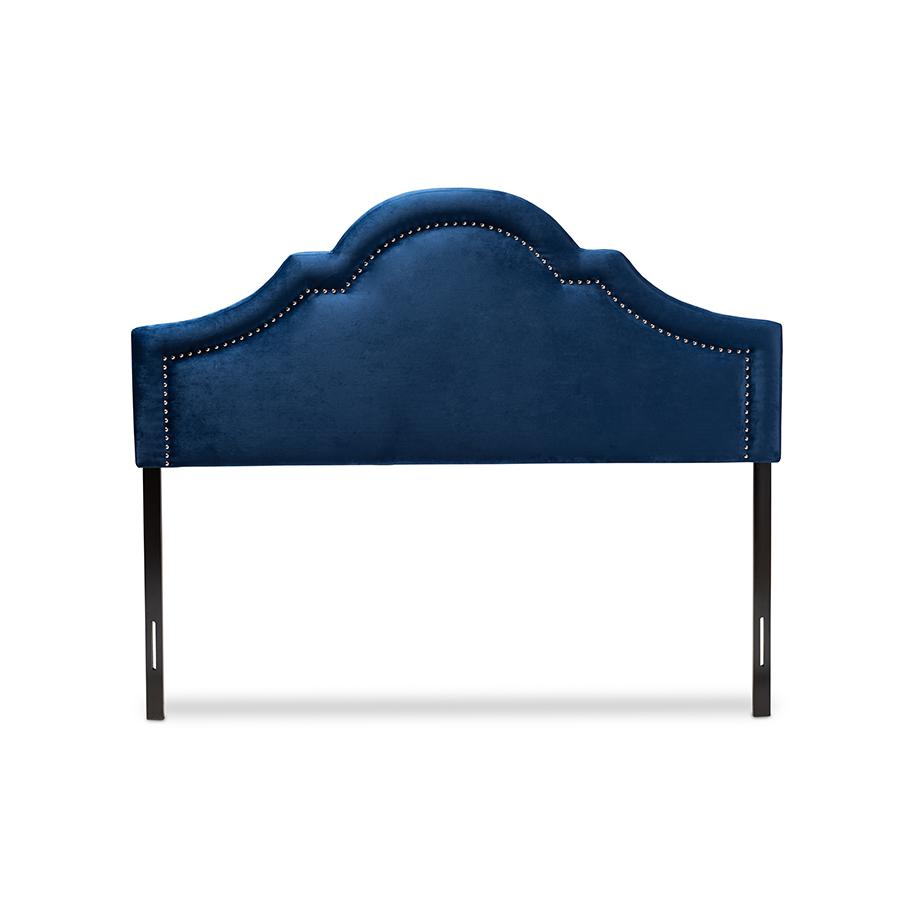 Navy Blue Velvet Fabric Upholstered Queen Size Headboard. Picture 2