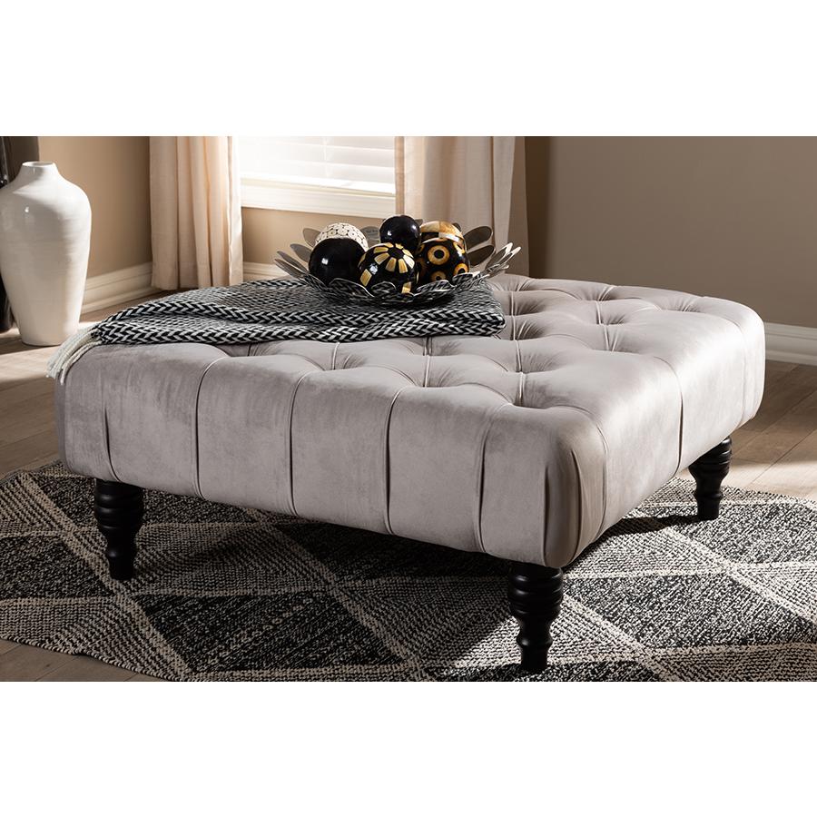 Transitional Grey Velvet Fabric Upholstered Button Tufted Cocktail Ottoman. Picture 15