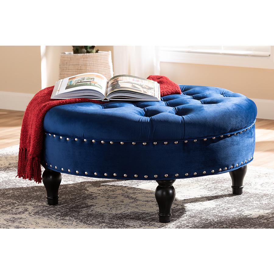 Transitional Blue Velvet Fabric Upholstered Button Tufted Cocktail Ottoman. Picture 13