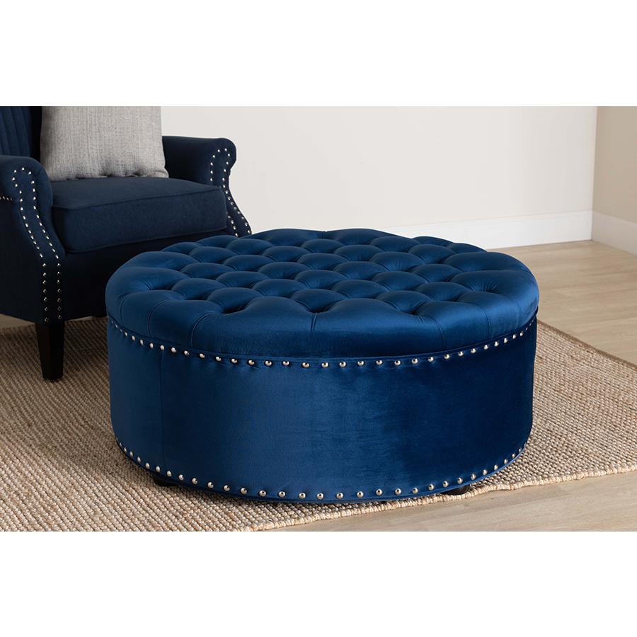 Royal Blue Velvet Fabric Upholstered Tufted Cocktail Ottoman. Picture 15