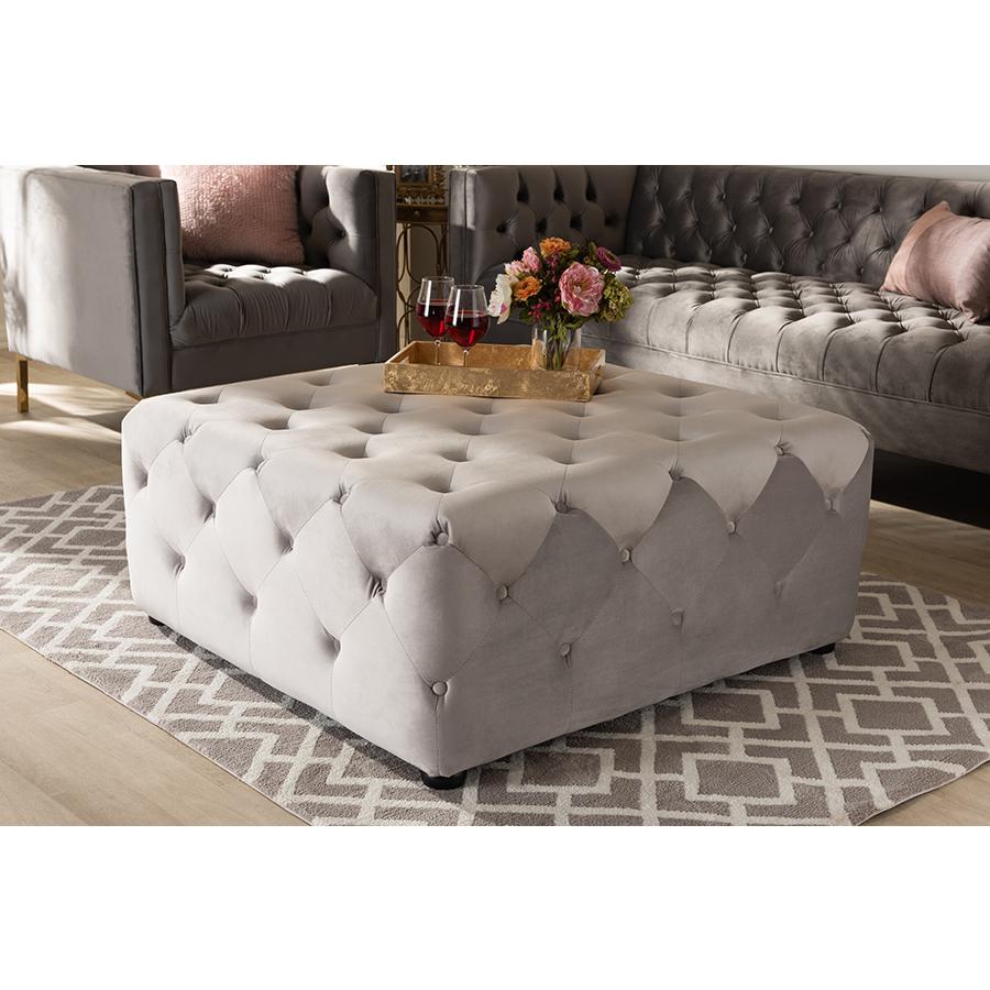 Slate Gray Velvet Fabric Upholstered Button-Tufted Cocktail Ottoman. Picture 15