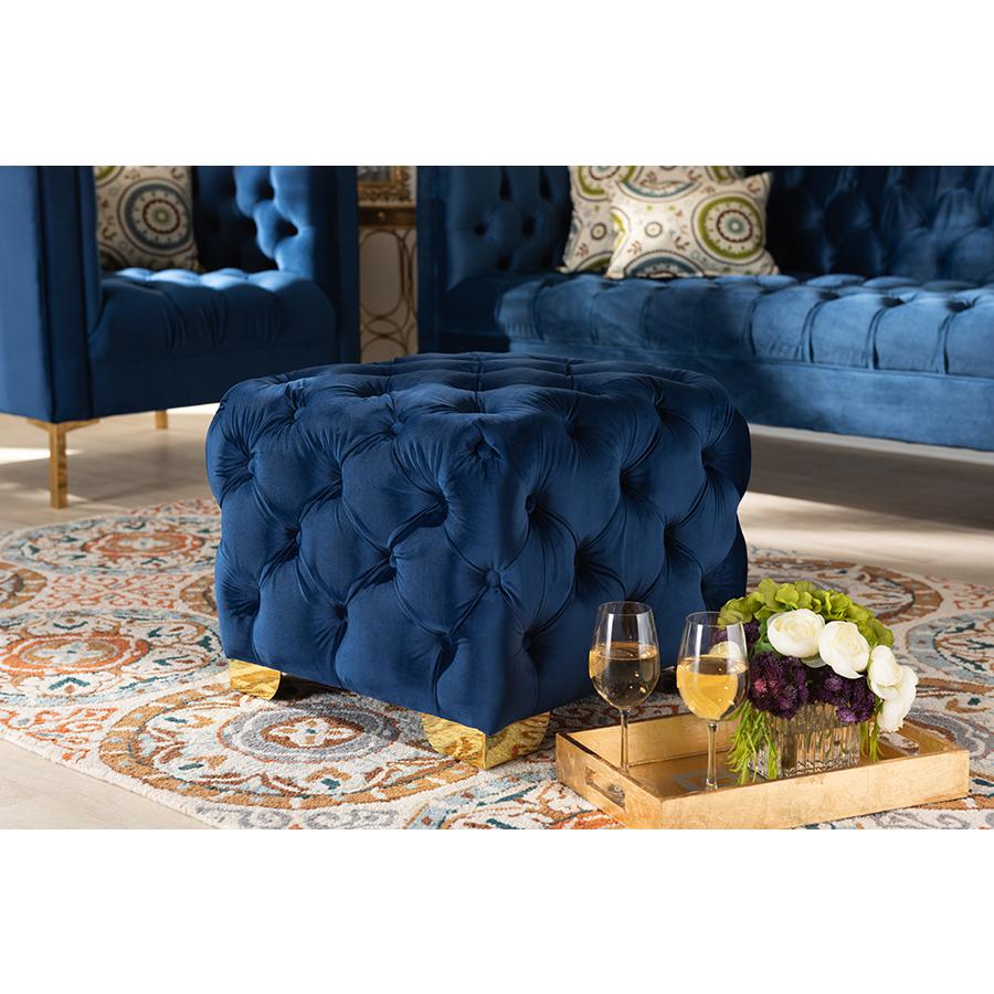 Luxe Royal Blue Velvet Fabric Upholstered Gold Finished Button Tufted Ottoman. Picture 15