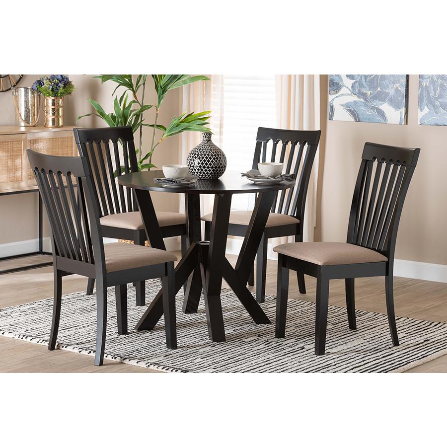 Marian Modern Sand Fabric and Dark Brown Finished Wood 5-Piece Dining Set. Picture 21