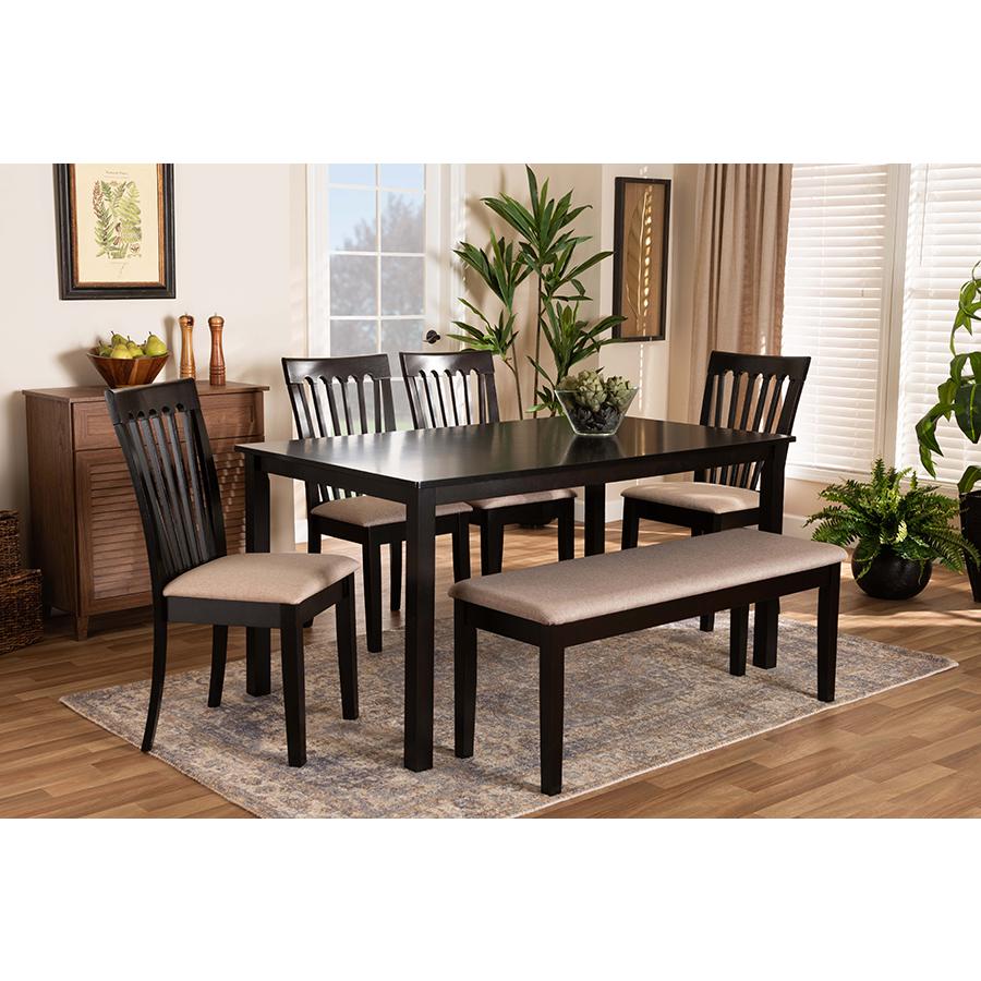 Sand Fabric Upholstered and Dark Brown Finished Wood 6-Piece Dining Set. Picture 21