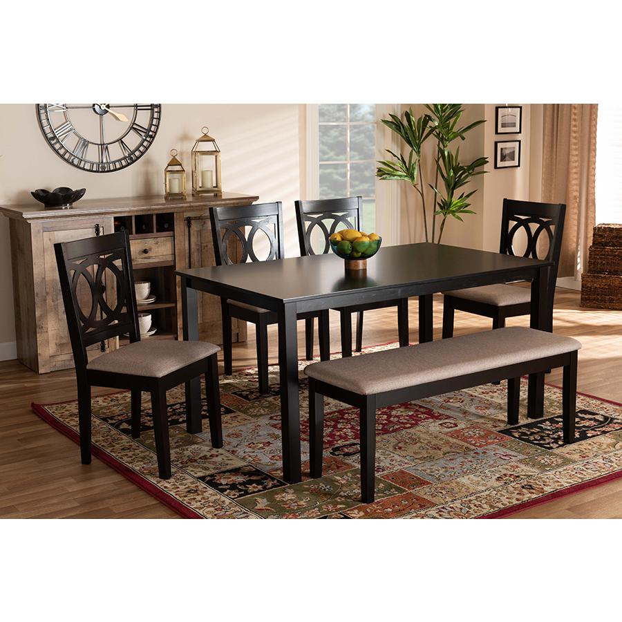 Sand Fabric Upholstered and Dark Brown Finished Wood 6-Piece Dining Set. Picture 19