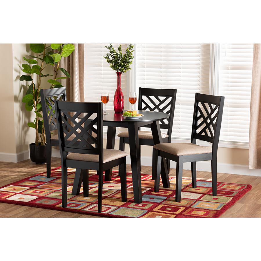 Ellie Modern Beige Fabric and Dark Brown Finished Wood 5-Piece Dining Set. Picture 21