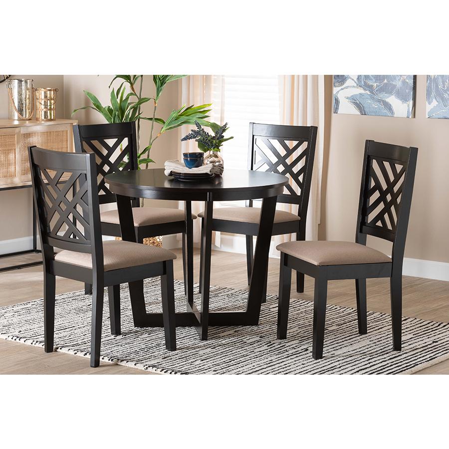 Alena Modern Sand Fabric and Dark Brown Finished Wood 5-Piece Dining Set. Picture 21