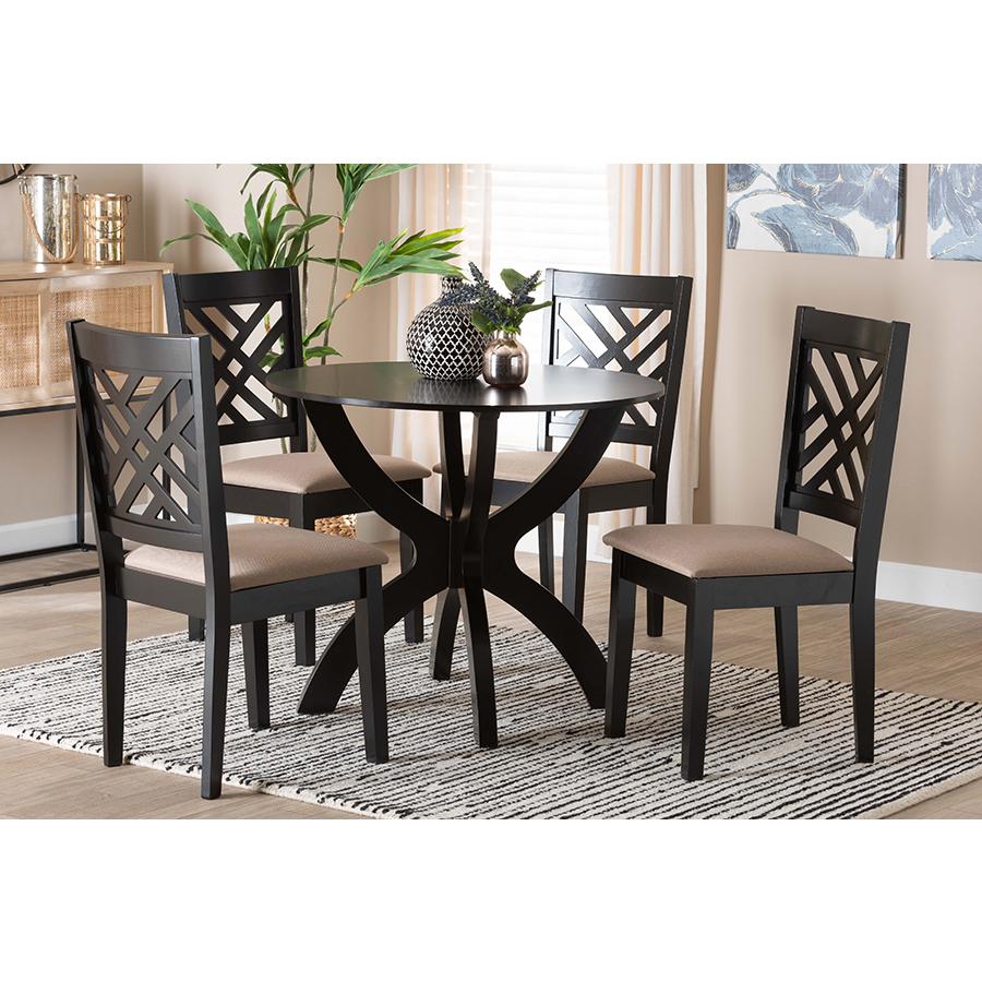 Edona Modern Sand Fabric and Walnut Brown Finished Wood 5-Piece Dining Set. Picture 21