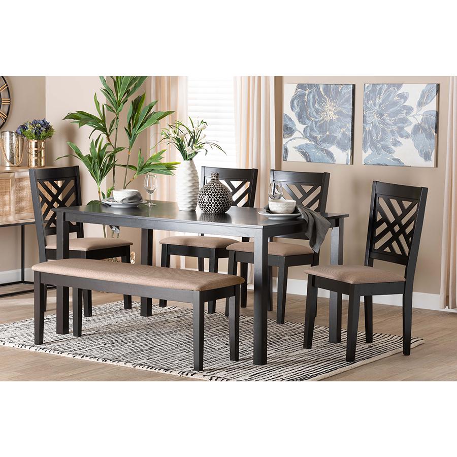 Gustavo Modern Sand Fabric and Walnut Brown Finished Wood 6-Piece Dining Set. Picture 23