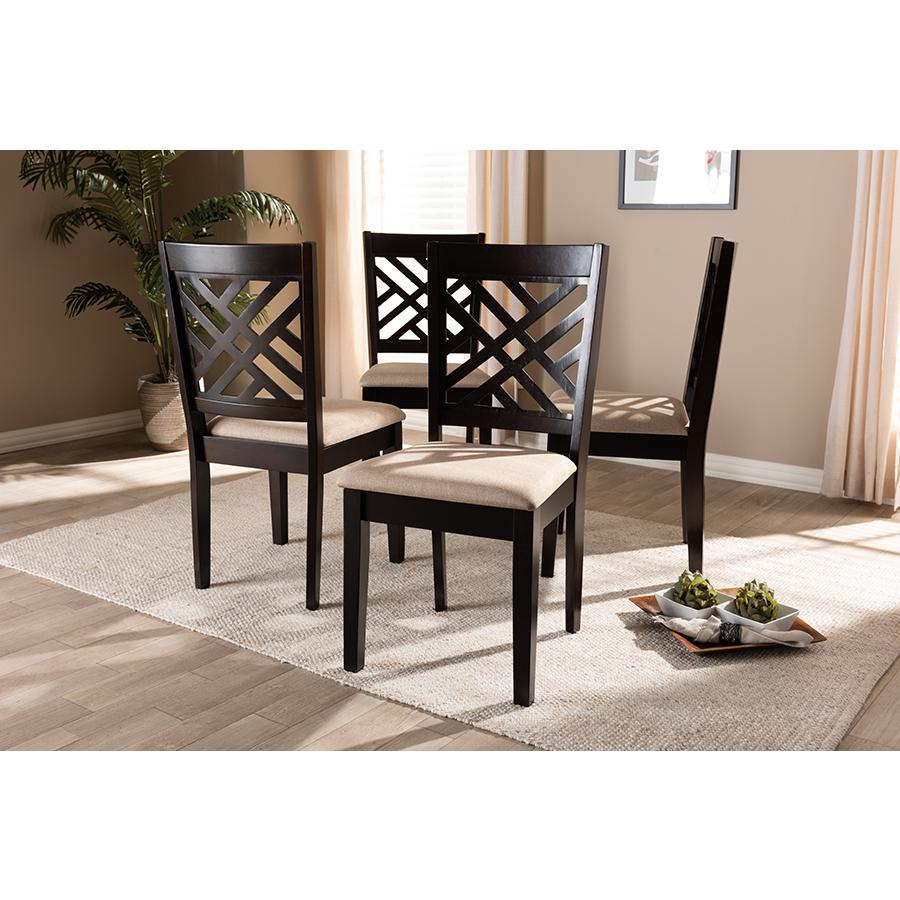 Sand Fabric Upholstered Espresso Brown Finished Wood Dining Chair Set of 4. Picture 15