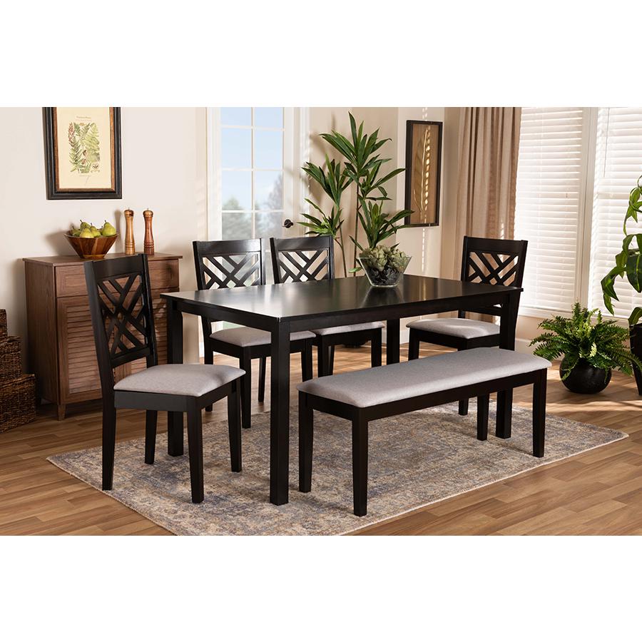 Grey Fabric Upholstered and Dark Brown Finished Wood 6-Piece Dining Set. Picture 21