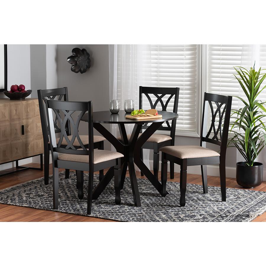 Maya Modern Beige Fabric and Espresso Brown Finished Wood 5-Piece Dining Set. Picture 21