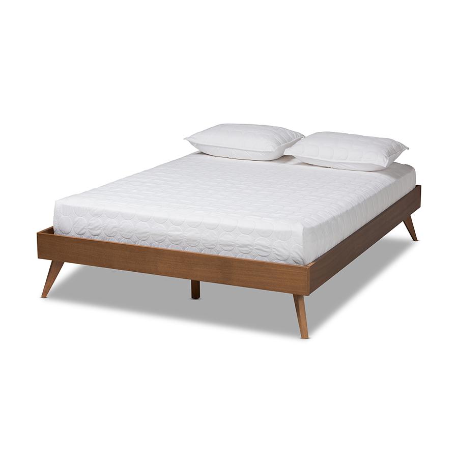 Mid-Century Modern Walnut Brown Finished Wood King Size Platform Bed Frame. Picture 1