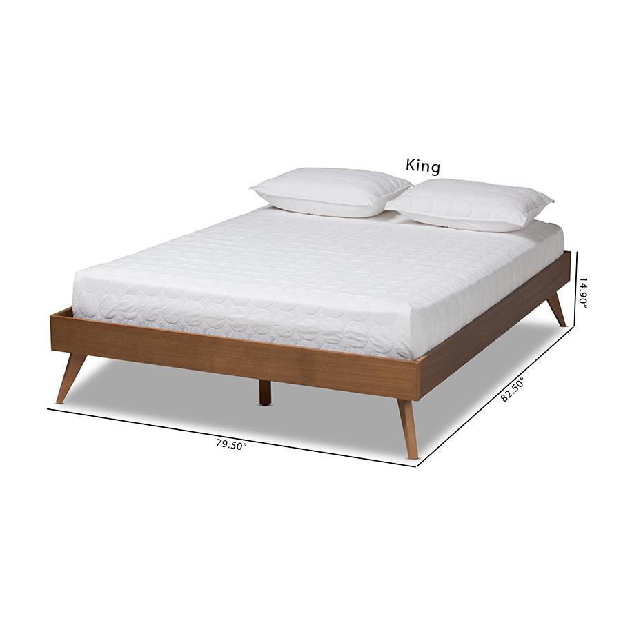 Mid-Century Modern Walnut Brown Finished Wood Queen Size Platform Bed Frame. Picture 9