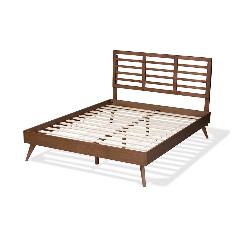 Calisto Mid-Century Modern Walnut Brown Finished Wood Queen Size Platform Bed. Picture 3