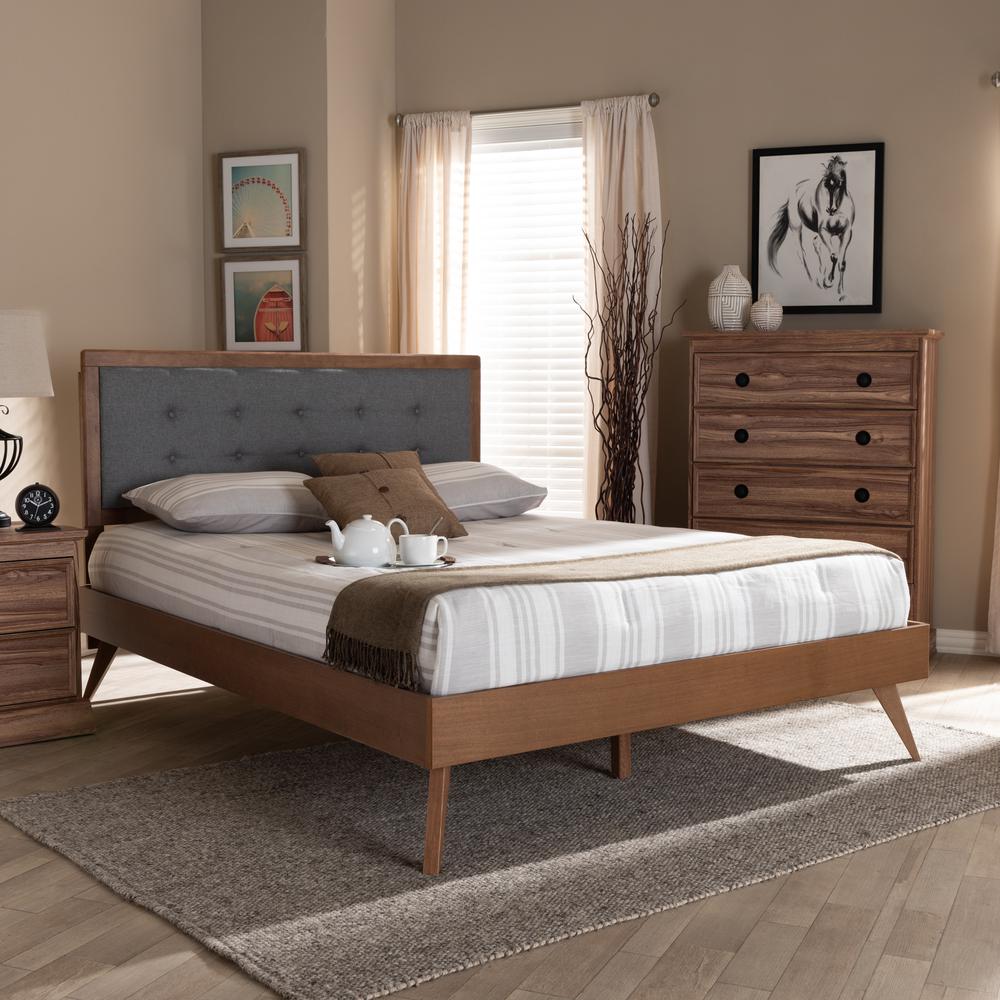 Dark Grey Fabric Upholstered Walnut Brown Finished Wood Full Size Platform Bed. Picture 16