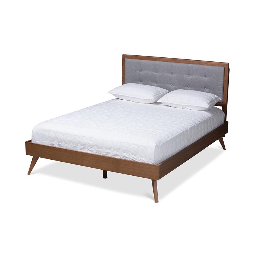 Light Grey Fabric Upholstered Walnut Brown Finished Wood King Size Platform Bed. Picture 1